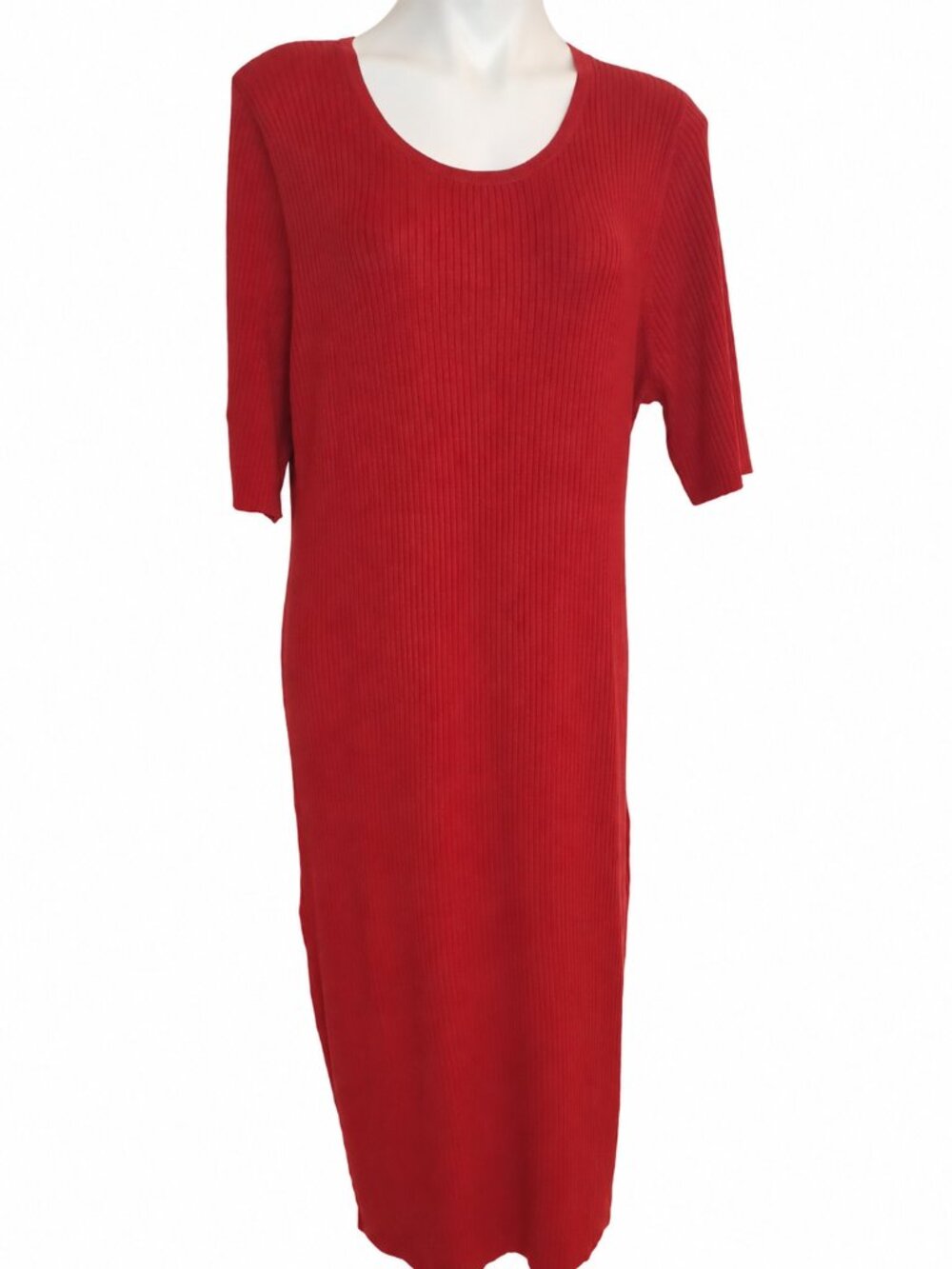 Plus Size 2X Women’s Red Ribbed Knit Midi Dress Scoop Neck Elbow Sleeve